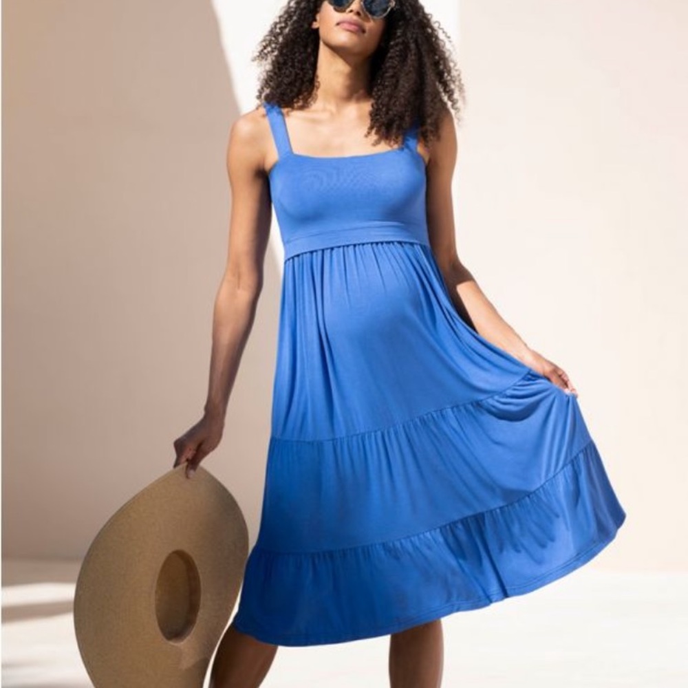 NWT Seraphine Blue Square Neck Sleeveless Tiered Maternity to Nursing Midi Dress